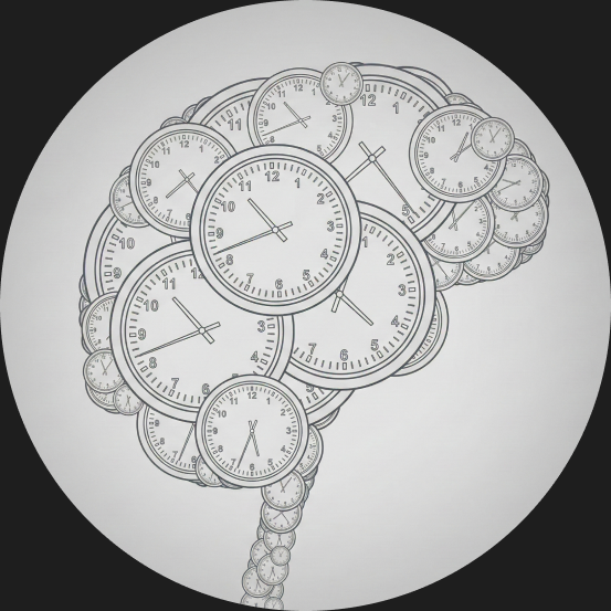 Chronoception concept illustration — a brain made of clock faces